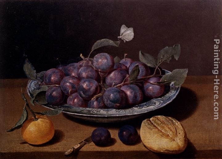 Jacques Linard Still Life Of A Plate Of Plums And A Loaf Of Bread